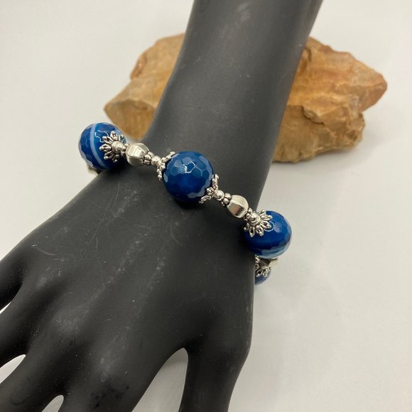 DARK Blue Agate Beaded Bracelet Large Agate Faceted Bead 14mm Grade A NEW - Picture 5 of 13